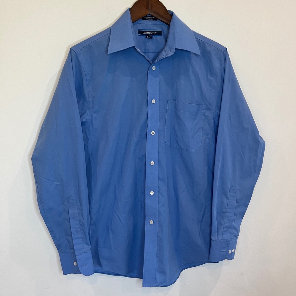 Croft & Barrow Mens Blue Wrinkle Resistant Broadcloth Shirt 14.5 32/33